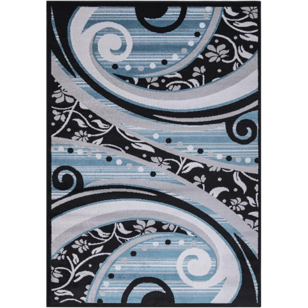 Winston Porter Dequanda Floral Black/Blue Rug Wayfair